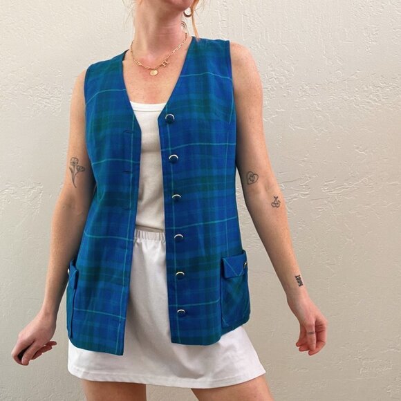 Vintage 1970's 100% Wool Blue Plaid Button Up Vest - Picture 3 of 7